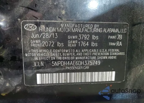 2013 Hyundai Elantra Gls from USA, damaged, VIN 5NPDH4AE6DH375749